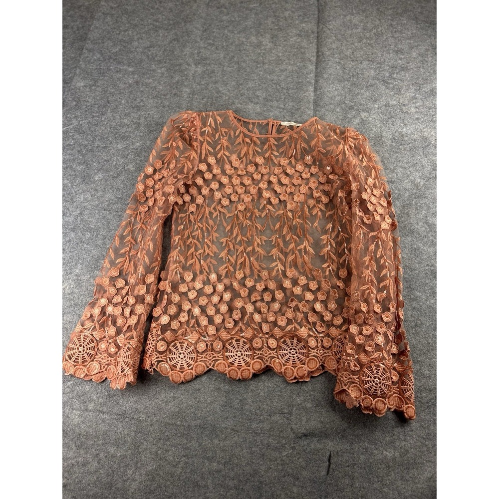 My Elina Women's 10 Sheer Lace Orange Floral Shell Artsy Designer Glitzy Elegant